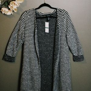Striped Open Front Cardigan with Side Slits